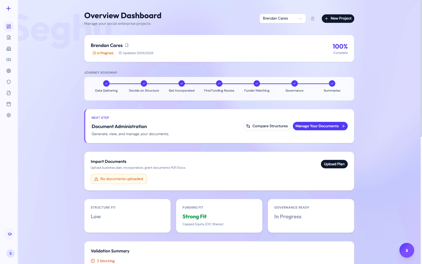 SEGHU dashboard showing the journey roadmap at 100% complete with structure, funding and governance fit