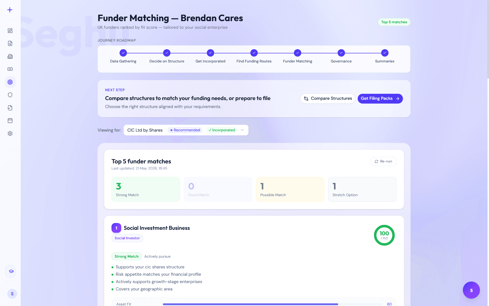 Funder matching showing the top 5 ranked funders with fit scores