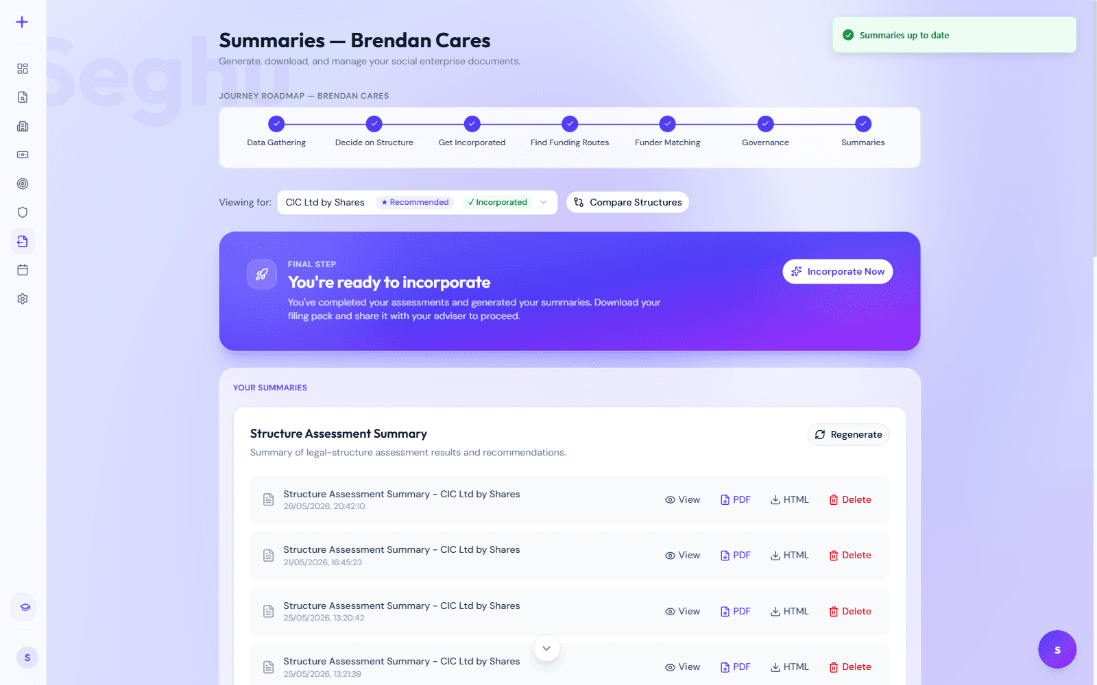 Summaries page confirming the organisation is ready to incorporate